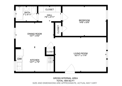 A floor plan of a house with a total area of 669 square feet.